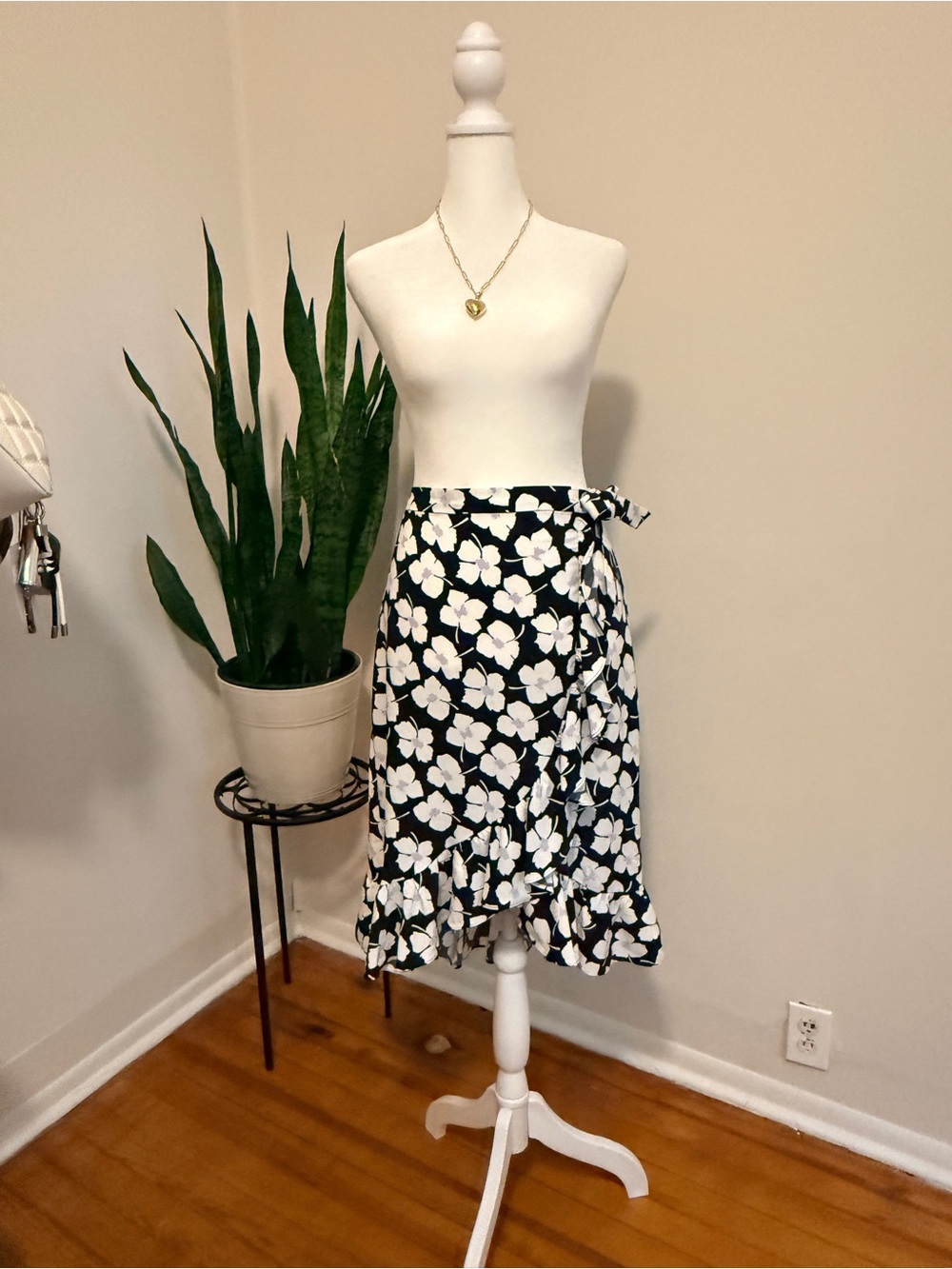 LOFT | Navy Floral Wrap Midi Skirt with Ruffle Hem